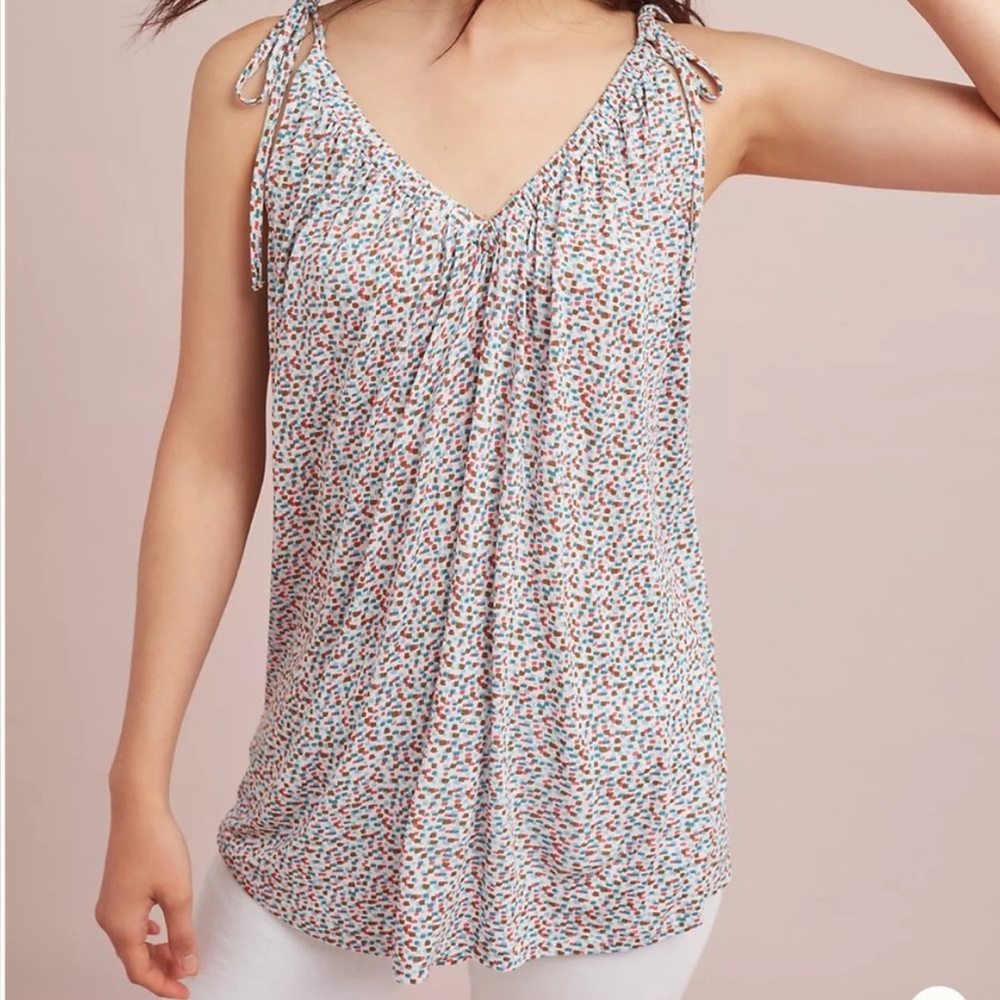 Anthropologie Pure Good Julian tie sleeve top shirt square dot print